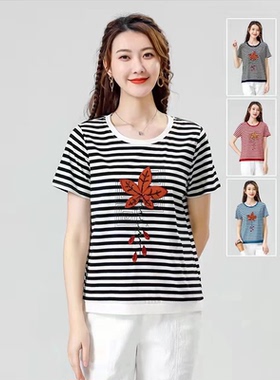 2022夏季新款妈妈纯棉大码宽松百搭圆领条纹短袖t恤 依姿骄22662