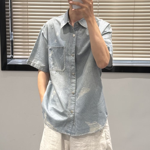 2XR夏季复古水洗仿破洞牛仔短袖衬衫男美式宽松痞帅百搭薄款衬衣1