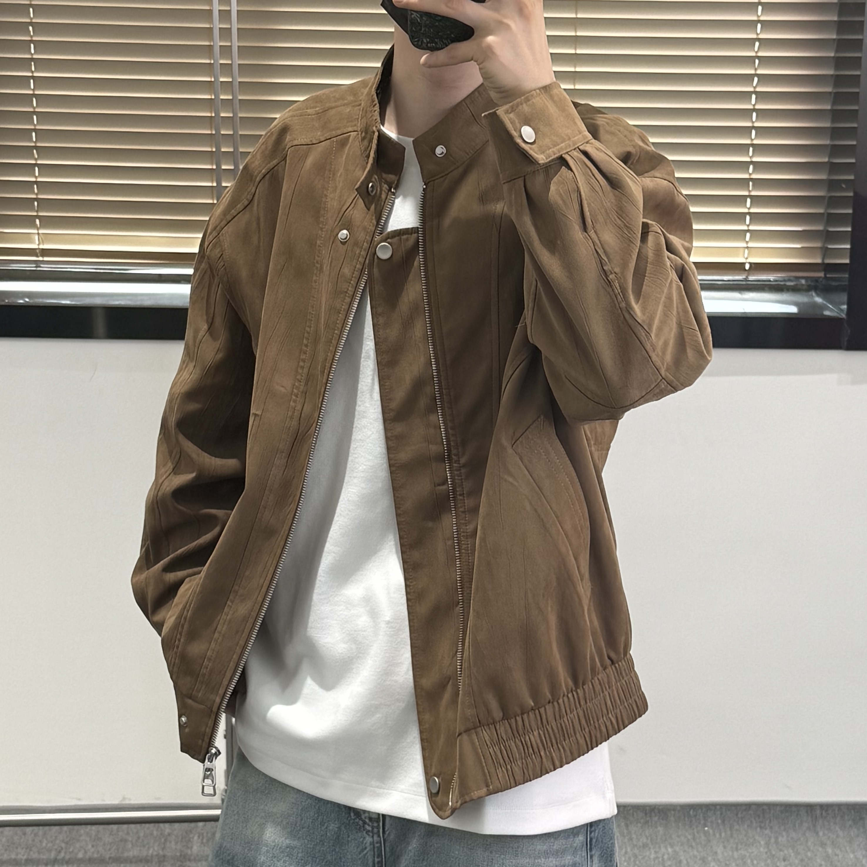 美式高端复古褶皱感麂皮绒立领夹克男春季休闲百搭机车服皮衣夹克