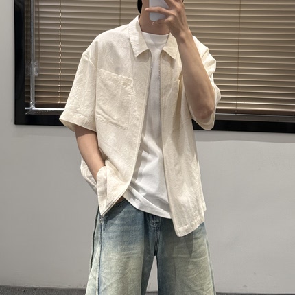 简潮男士短袖衬衫2026夏季新款翻领拉链肌理感上衣休闲通勤百搭潮