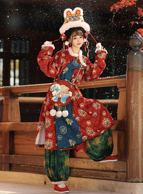 轻汉坊【马上来财】原创唐制圆领袍刺绣汉服灯笼裤复原风女冬加绒