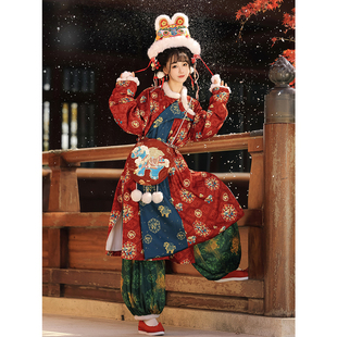 复原风女冬加绒 原创唐制圆领袍刺绣汉服灯笼裤 轻汉坊 马上来财