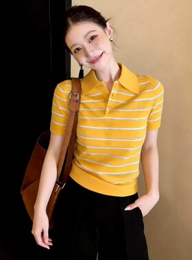 韩版轻熟风黄色条纹polo衫短袖女2026年春季新款气质百搭减龄上衣