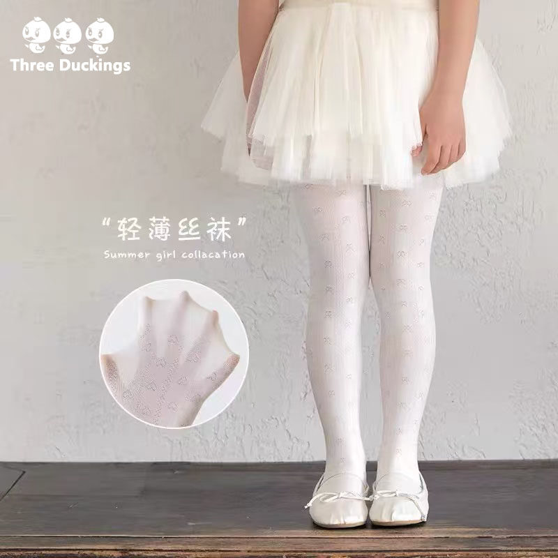 三只小鸭儿童丝袜夏季薄款女童连裤袜透气女宝白色舞蹈打底2条装