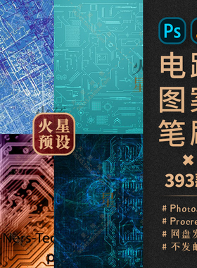 电路图案PS笔刷高科技背景Procreate笔触ABR机械元素Brushset素材