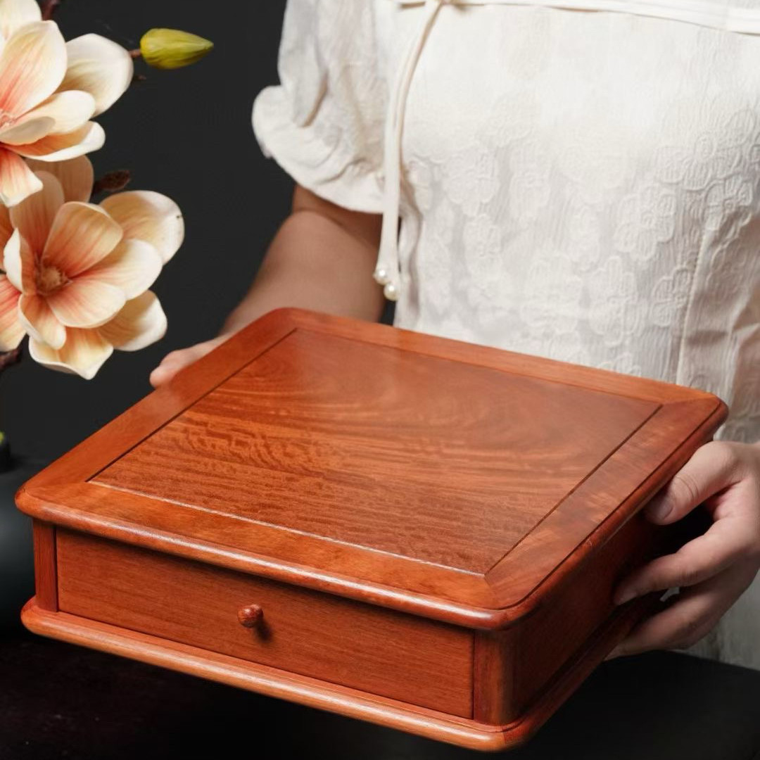 缅甸花梨全独板月饼盒红木普洱茶盒收纳实木珠宝箱大果紫檀