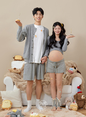 3001孕妇拍照服装影楼情侣可爱家居服孕姿主题衣服灰色套装出租用