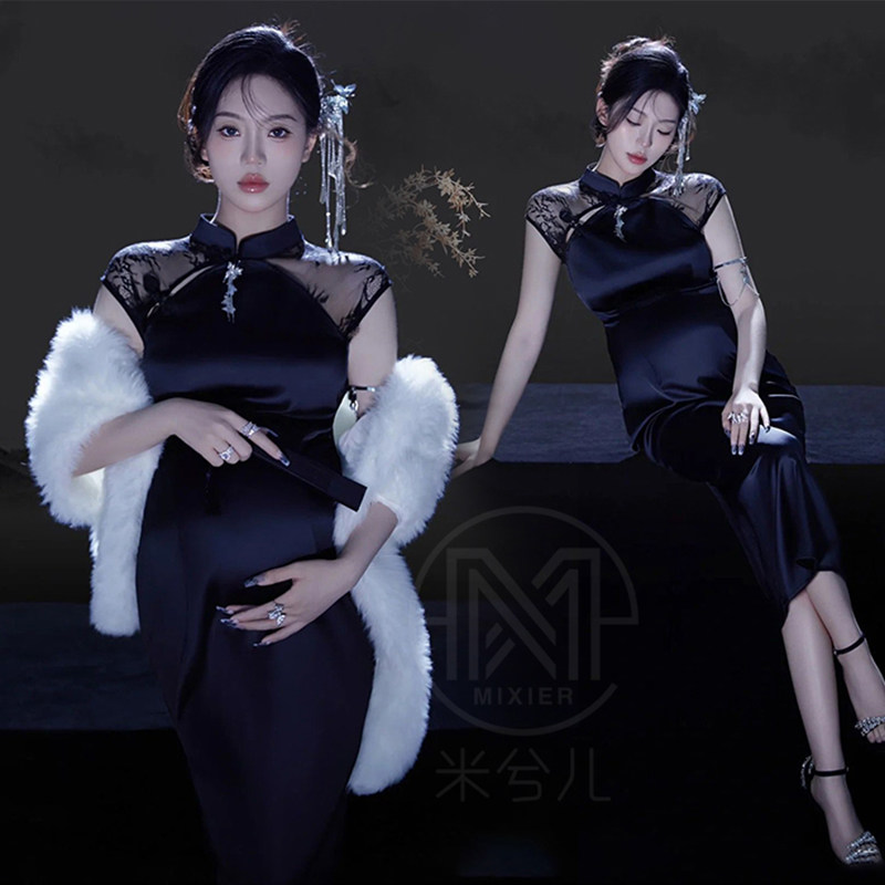 1384孕妇拍照服装影楼中国风中式复古黑蕾丝旗袍大肚艺术写真出租