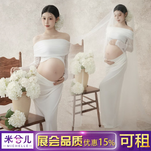 影楼孕妇纯欲一字领网纱连衣裙