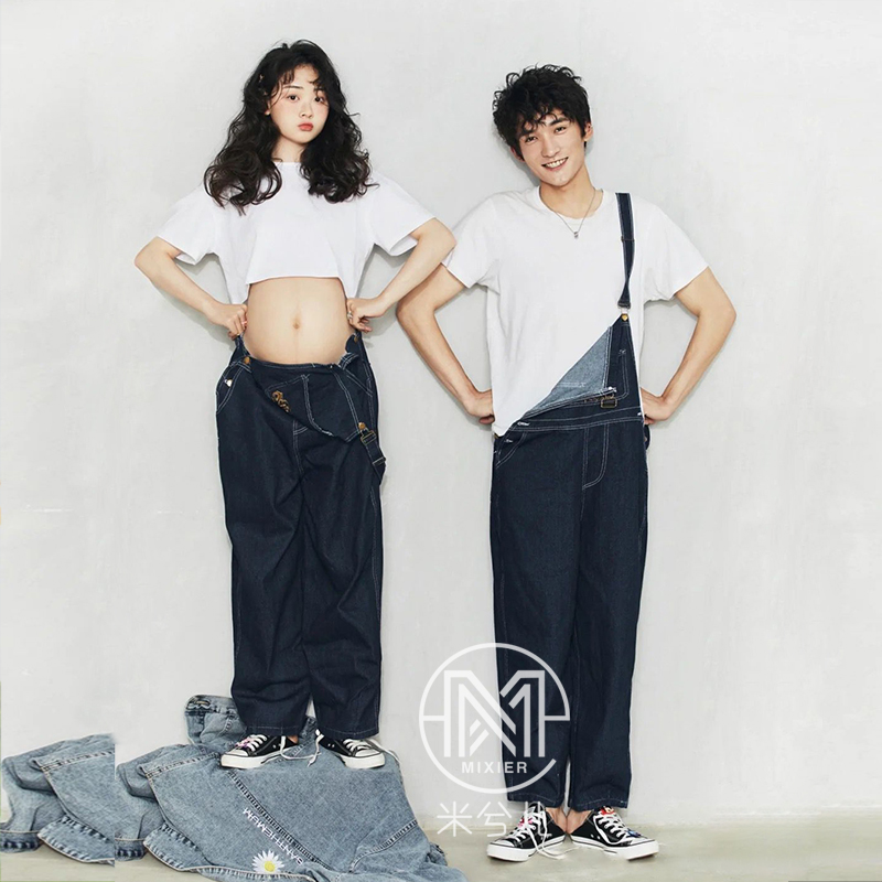 孕妇拍照服装1100夏季新款影楼摄影孕姿牛仔背带裤情侣套装出租赁