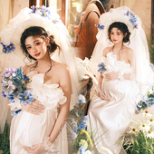 3241孕妇照服装 复古抹胸礼服连衣裙出租用 影楼拍照摄影孕姿法式