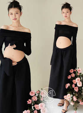 2784春夏新款孕妇拍照摄影孕姿服装简约黑色赫本风大肚照衣服租赁