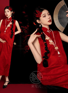 新中式复古喜庆红旗袍晨袍孕妇服