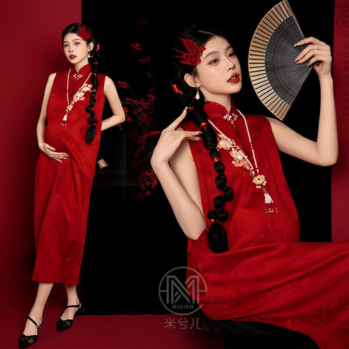 新中式复古喜庆红旗袍晨袍孕妇服