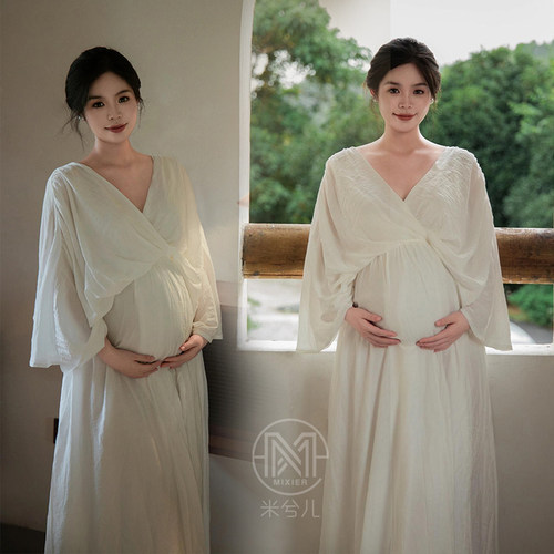 孕妇拍照服装白色仙气开衫连衣裙