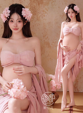 孕妇照服装影楼大肚拍照摄影法式复古仙气粉色棉麻裙套装租用3237