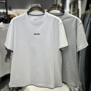 CYC潮牌极简风字母印花短袖 T恤2722 男格纹撞边宽松百搭休闲情侣款