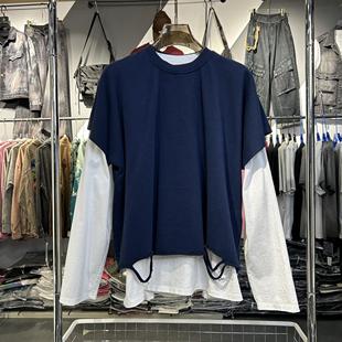 实体～美式真两件复古橄榄球服重磅纯棉情侣装长袖短t恤新款24193