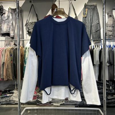 实体～美式真两件复古橄榄球服重磅纯棉情侣装长袖短t恤新款24193