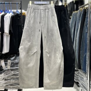 5556 子捏褶弯刀抽绳松紧腰脏脏色牛仔裤 CYC潮牌美式 洗水阔腿男裤