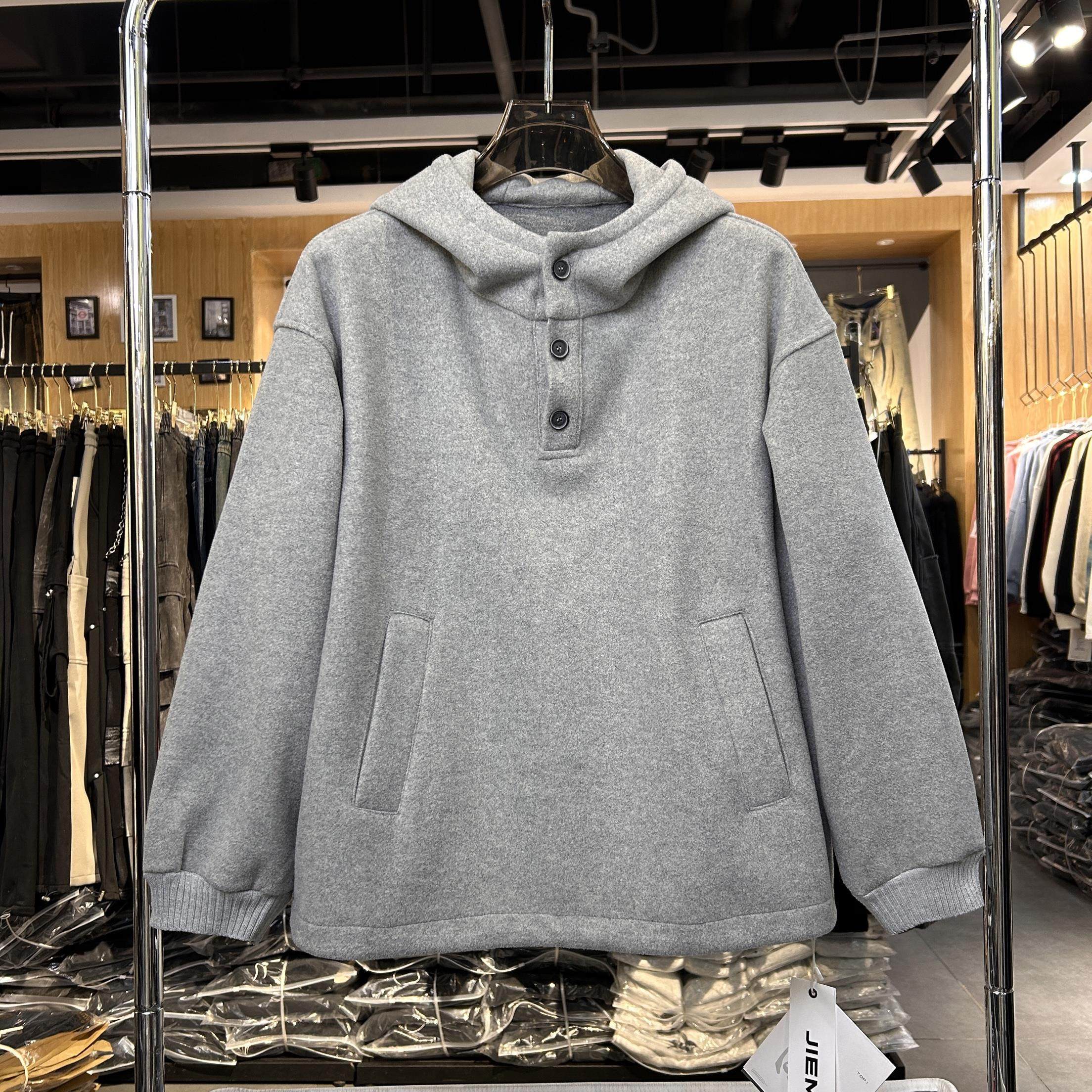 实体～日系复古绵羊毛呢连帽卫衣男春季新品套头高级感帽衫9839