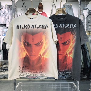 纯棉重磅短袖哪吒魔童降世同款黑白双色热转印印花半袖T恤25152