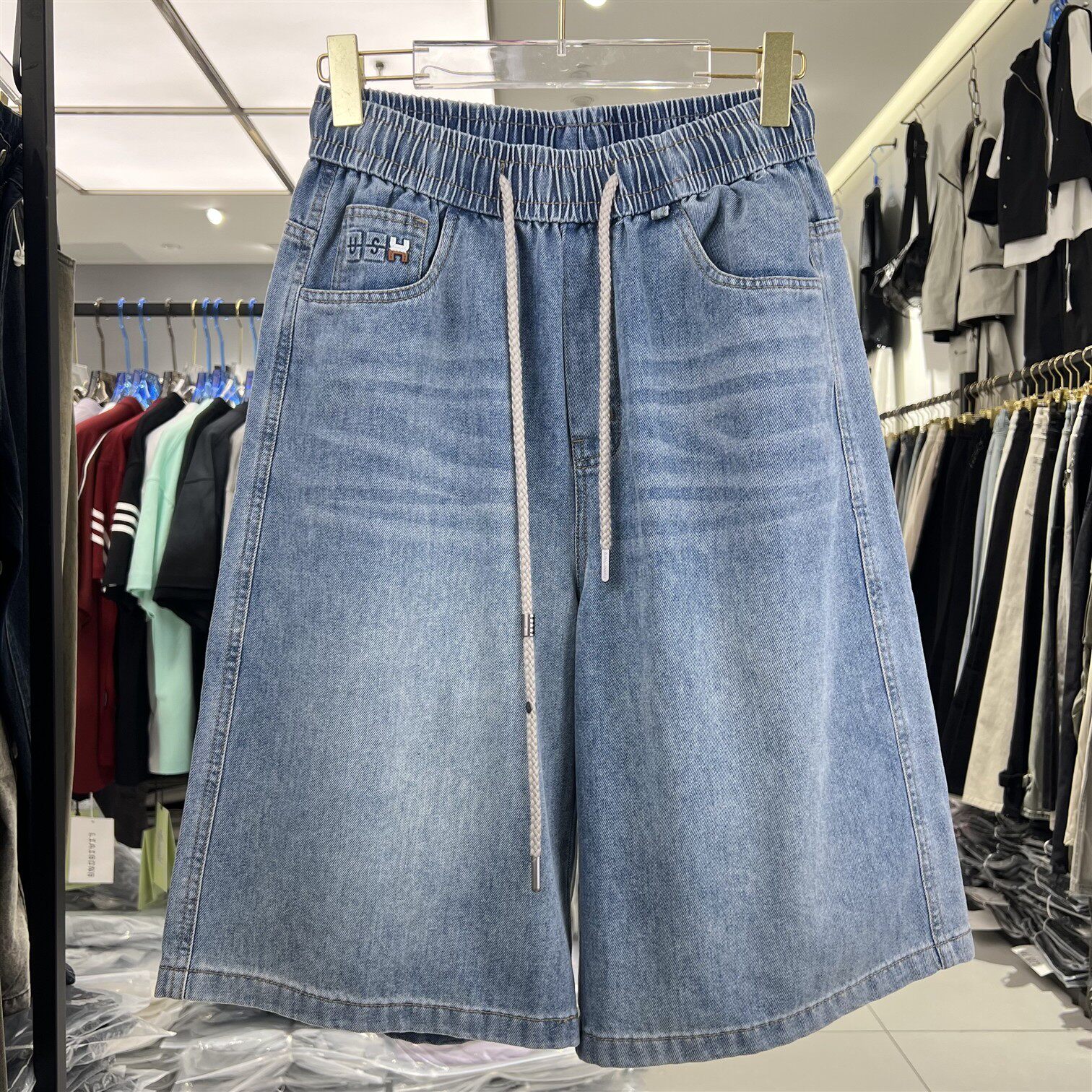 实体店26夏季新款男士牛仔短裤水洗浅蓝牛仔抽绳松紧腰短裤子5662