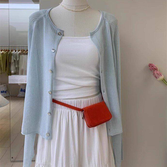 蓝色冰丝针织防晒开衫女夏季长袖罩衫上衣吊带外搭空调衫披肩外套