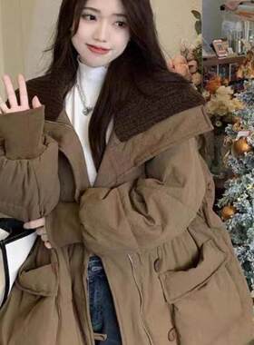韩版咖啡色羽绒棉衣棉服女冬季微胖穿搭大翻领加厚中长款棉袄外套