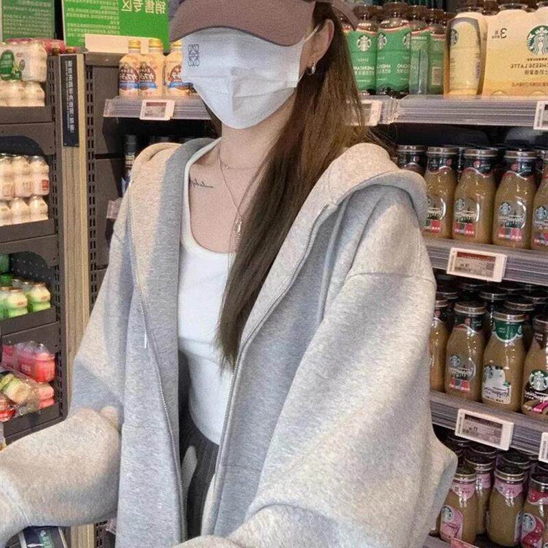 灰色卫衣外套女春秋开衫秋季2026新款秋冬加绒连帽上衣加绒加厚