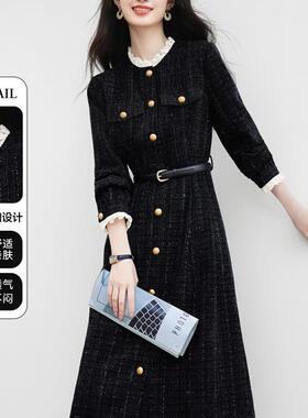 小香风轻奢气质黑色连衣裙女2025秋冬新加厚显瘦百搭高级感中长款