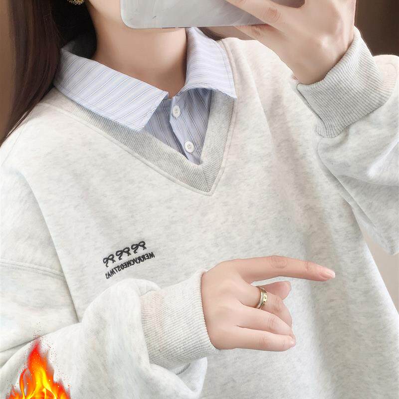 冬季2025新款假两件女士卫衣上衣秋冬装衬衫领加绒厚洋气时尚爆款