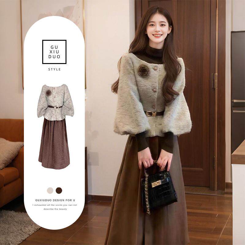 巨好看的早秋冬日气质一整套ootd穿搭配小香风连衣裙子两件套装女