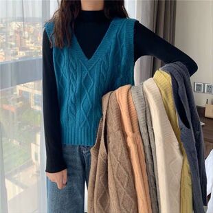 韩版秋冬保暖无袖V领针织衫背心马甲少女外穿短宽松马夹坎肩毛衣