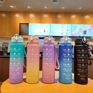 跨境户外太空杯运动水杯塑料杯吸管杯带刻度磨砂渐变色户外水瓶