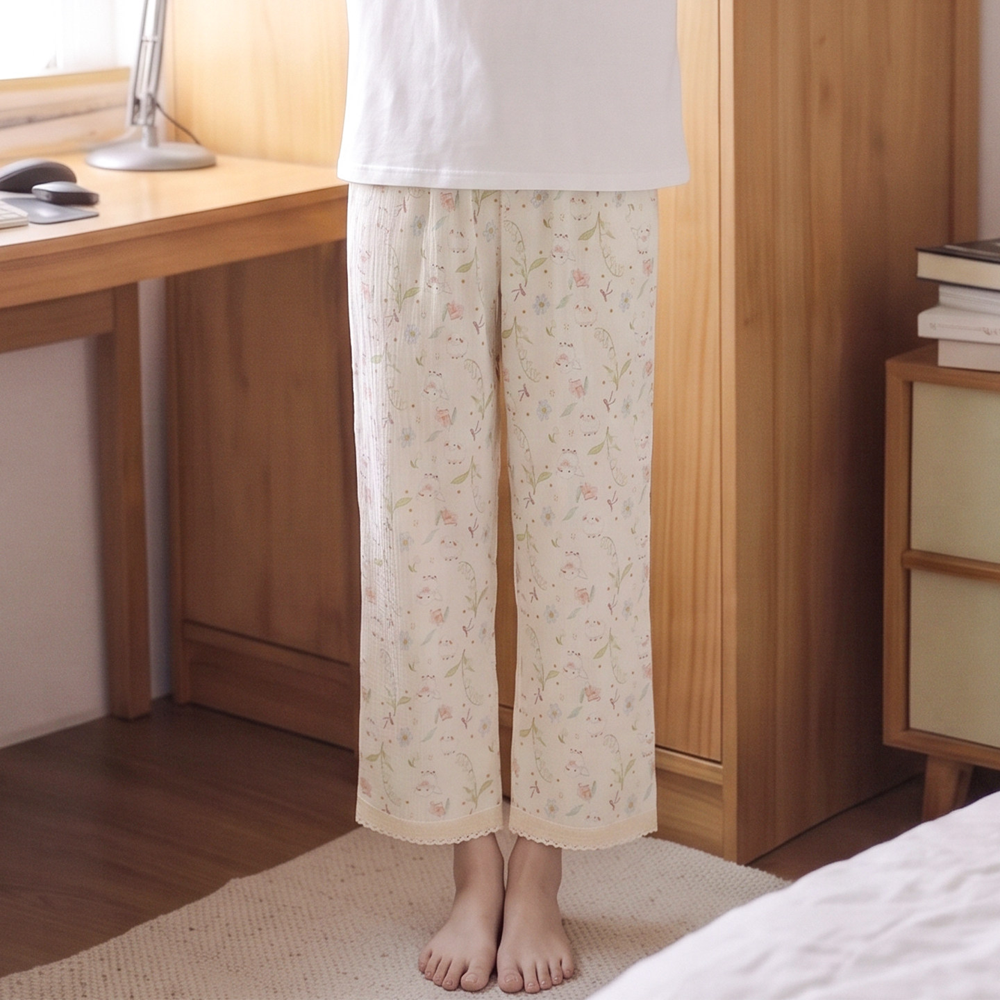 温柔卡通风纯棉纱布睡裤女士流苏花边直筒九分长裤春秋夏季居家裤