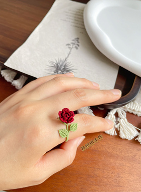 原创设计玫瑰戒指蕾丝线手工微钩花朵森系指环成品