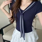 带胸垫上衣短袖 显瘦一体式 T恤 甜美风正肩系带女修身 26年早春