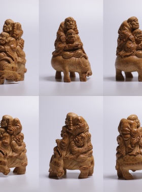 山宁竹舍 名家精工手作竹根雕骑兽十八罗汉把件摆件