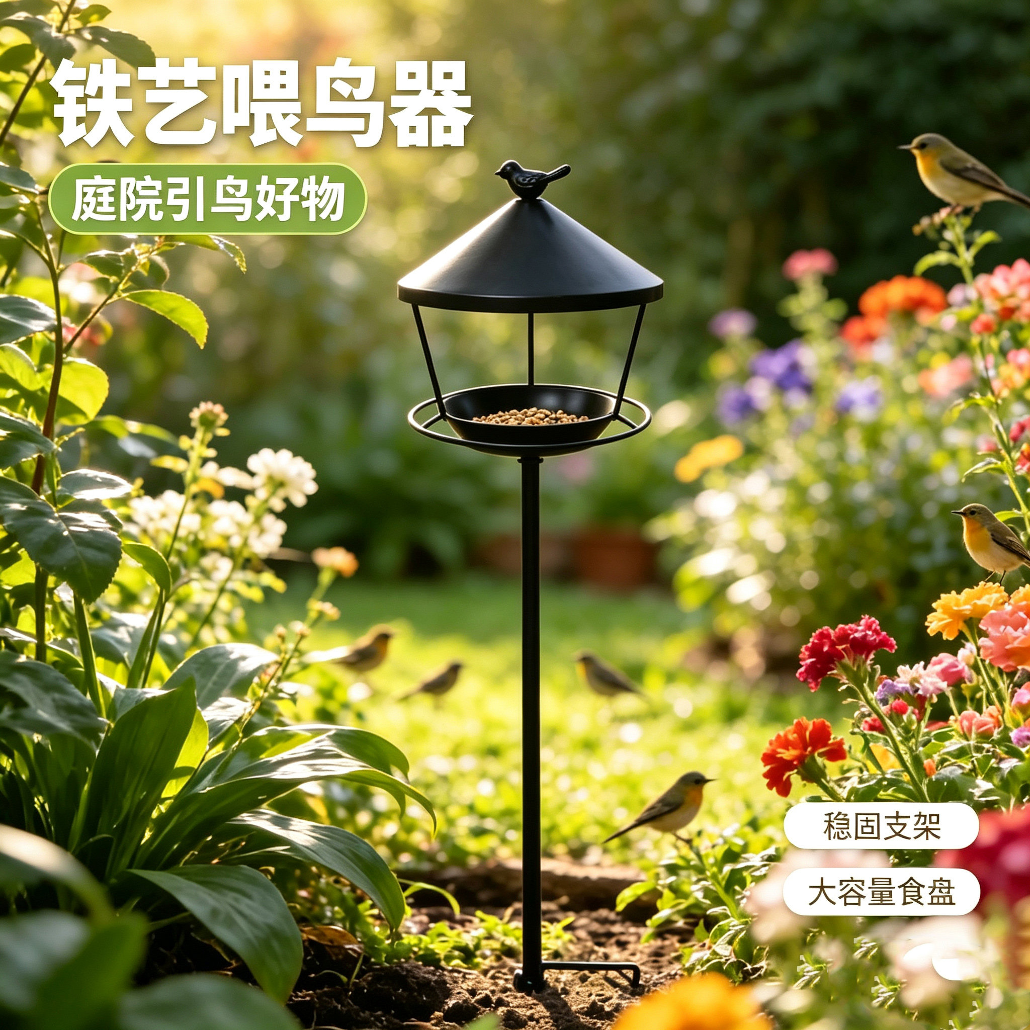 铁艺立式防水稳固大容量喂鸟器