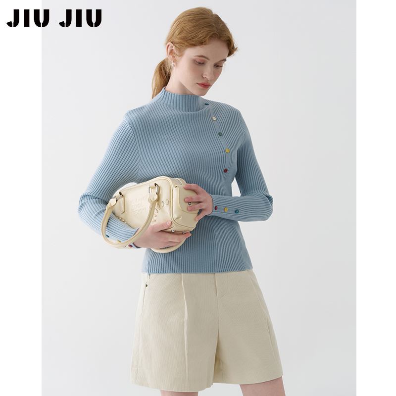 JIUJIU彩色扣半高领打底衫女秋冬2025新款显瘦弹力修身针织衫上衣
