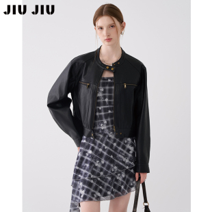 小个子皮夹克上衣 2025新款 JIUJIU美式 复古机车黑色皮衣外套女秋季