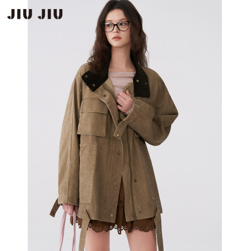 JIUJIU复古水洗做旧工装外套女2026秋季新款立领插肩袖宽松夹克
