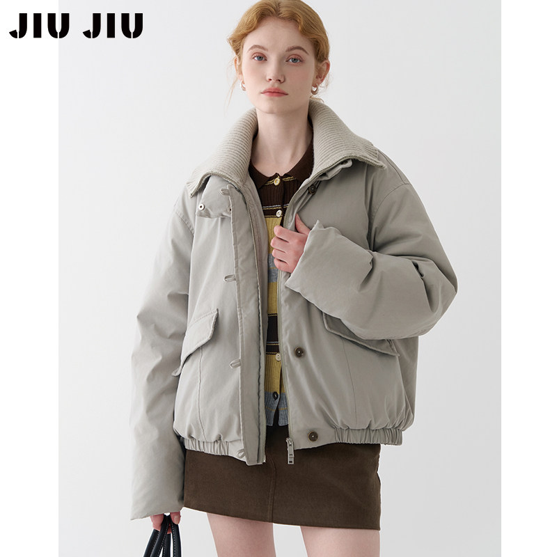 JIUJIU设计感翻领针织90%白鹅绒羽绒服女冬季加厚保暖面包服外套