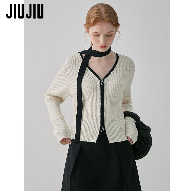 JIUJIU设计感小众针织衫女2025年秋季新款双拉链V领飘带针织开衫