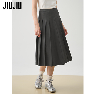 半身裙 显瘦高腰中长款 JIUJIU复古学院风灰色百褶裙女2025春季 新款