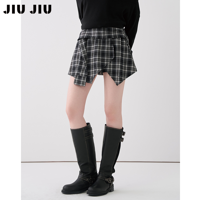 JIUJIU设计感小众不规则格子半身裙女秋季绑带显瘦高腰a字裙短裙