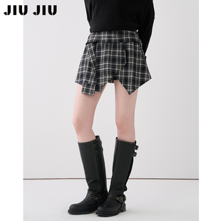 JIUJIU设计感小众不规则格子半身裙女秋季绑带显瘦高腰a字裙短裙