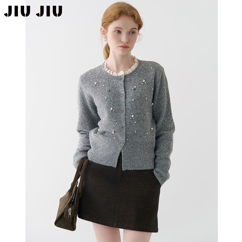 JIUJIU小香风蕾丝花边领针织开衫女秋冬2025新款气质毛衣外套上衣