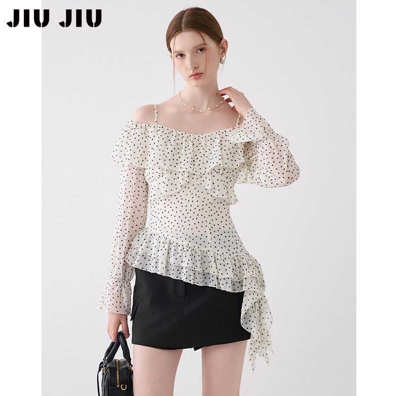 JIUJIU法式复古不规则荷叶边波点衬衫女秋季设计感露肩衬衣上衣